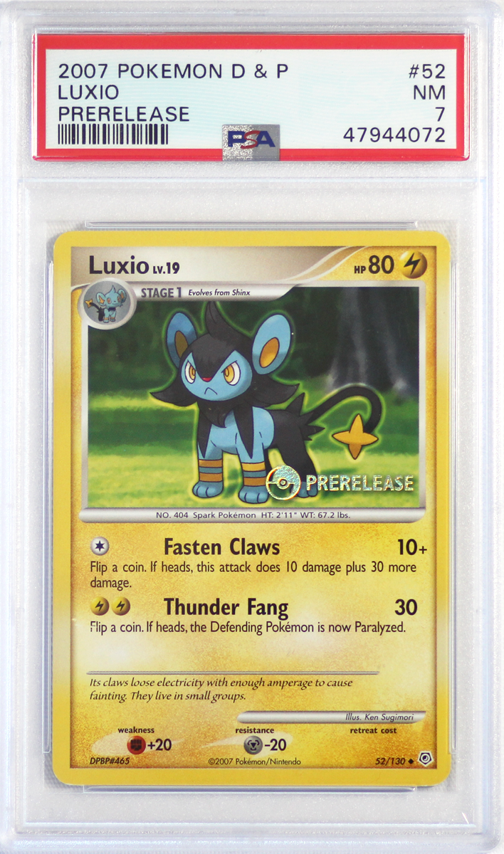 2007 POKEMON DIAMOND & PEARL- 52- PRE RELEASE LUXIO- PSA 7 CARD – Pokefeens